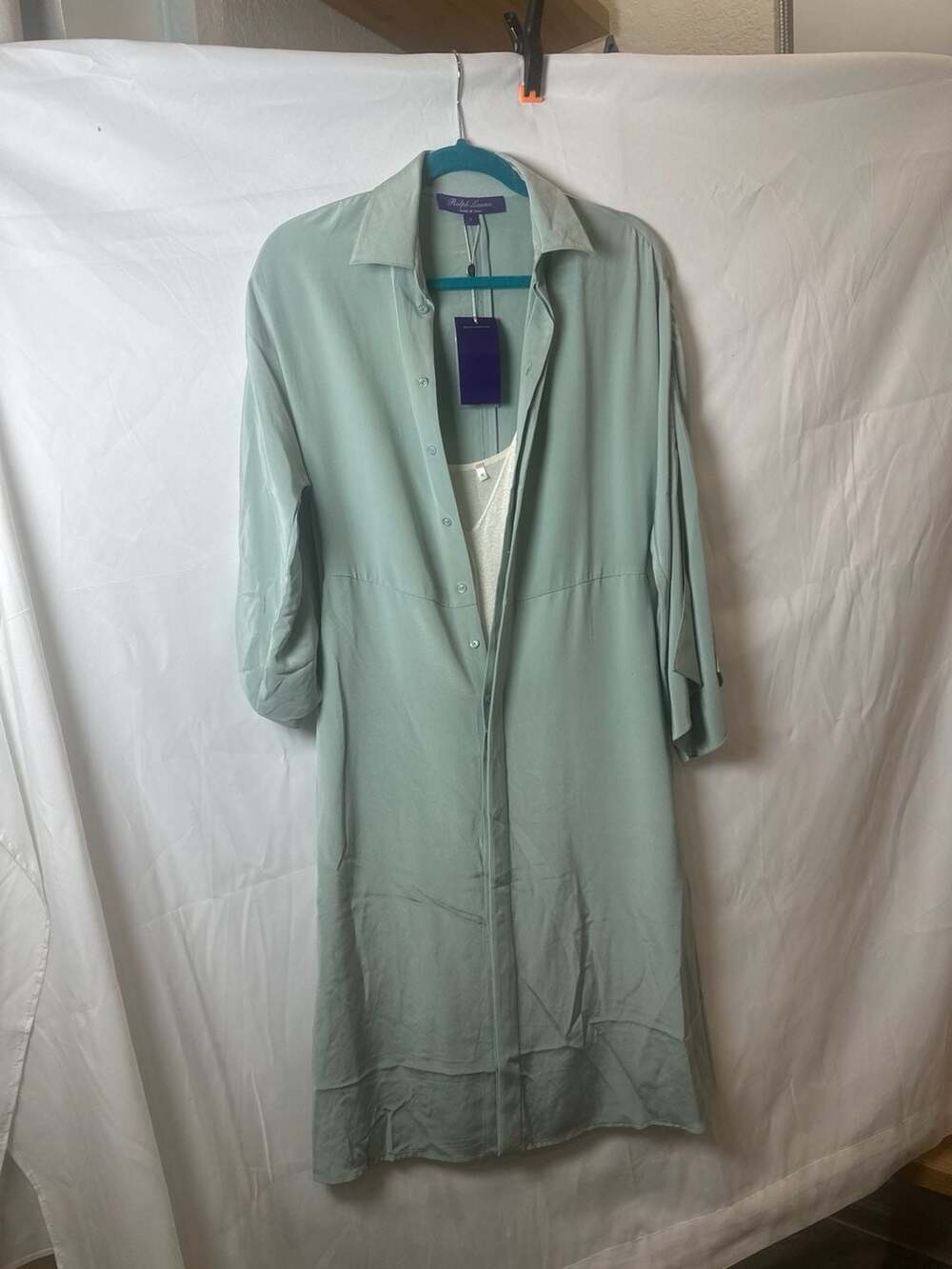 Ralph Lauren Purple Label Sage  100% Mulberry Silk Slit-Sleeve  Dress